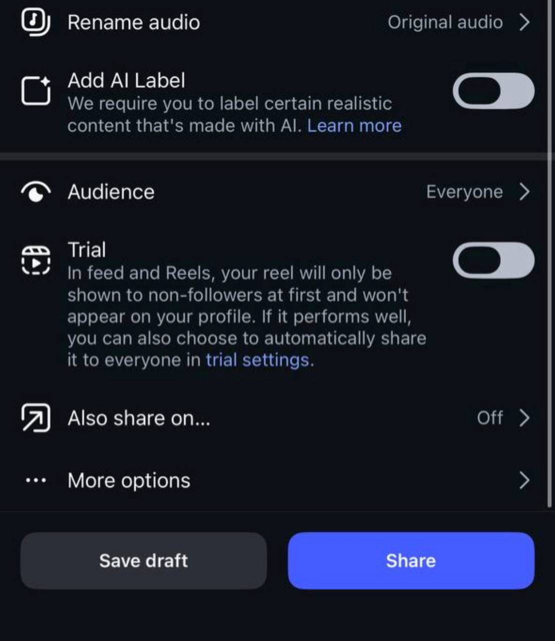 Instagram Trial toggle